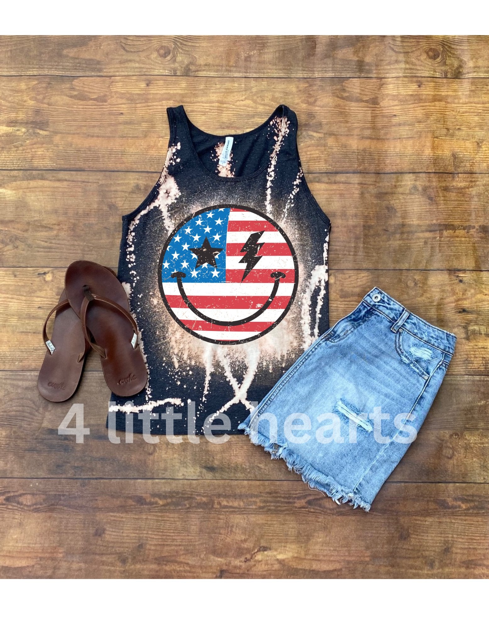 American flag smiley face bleached graphic tee - 4 little hearts