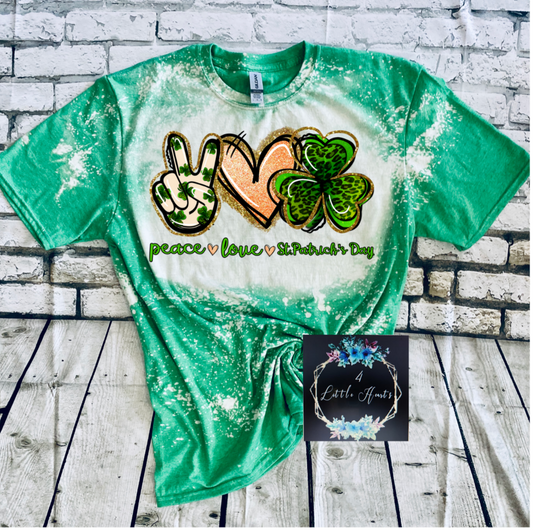 Peace love st patricks day bleached tee - 4 little hearts